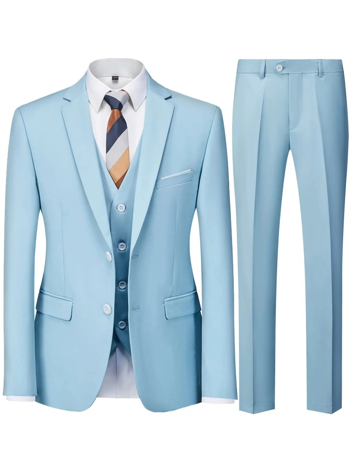 Three-piece luxurious classic men's solid-color suit, consisting of suit, trousers and jacket, exuding the elegance of men. Suitable for business meetings, wedding banquets, as well as groom and best man wedding suits and wedding gowns