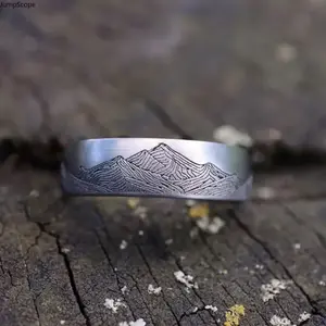 Mountain Range Etched Stainless Steel Band Ring, Silver & Gold Tone Nature Landscape Engraved Comfort Fit Unisex Promise & Wedding Daily Ring