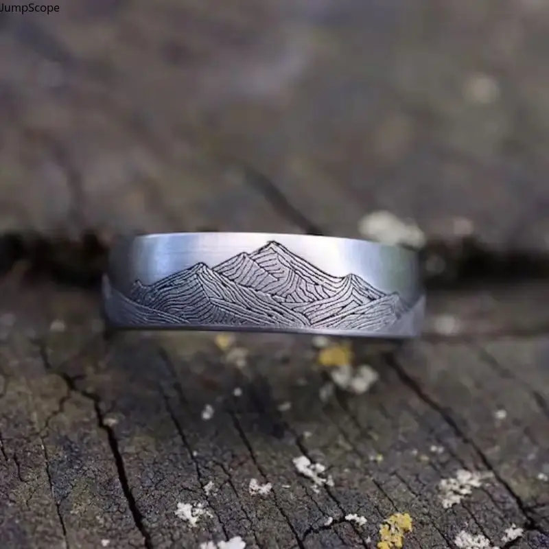 Mountain Range Etched MDF+Steel Stainless Steel Band Ring - Silver & Gold Tone, Comfort Fit, Unisex Promise Ring for Casual Daily Wear