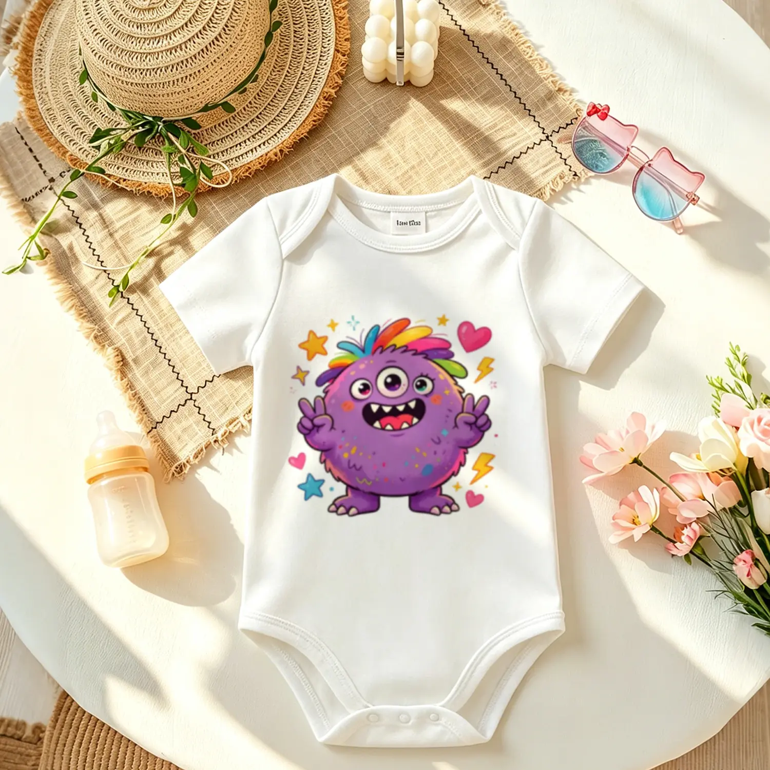 Cute Rainbow Monster Baby Onesie, Soft Cotton Short Sleeve Bodysuit with Snap Closure, Unisex Newborn Essentials and Summer Baby Shower Gift