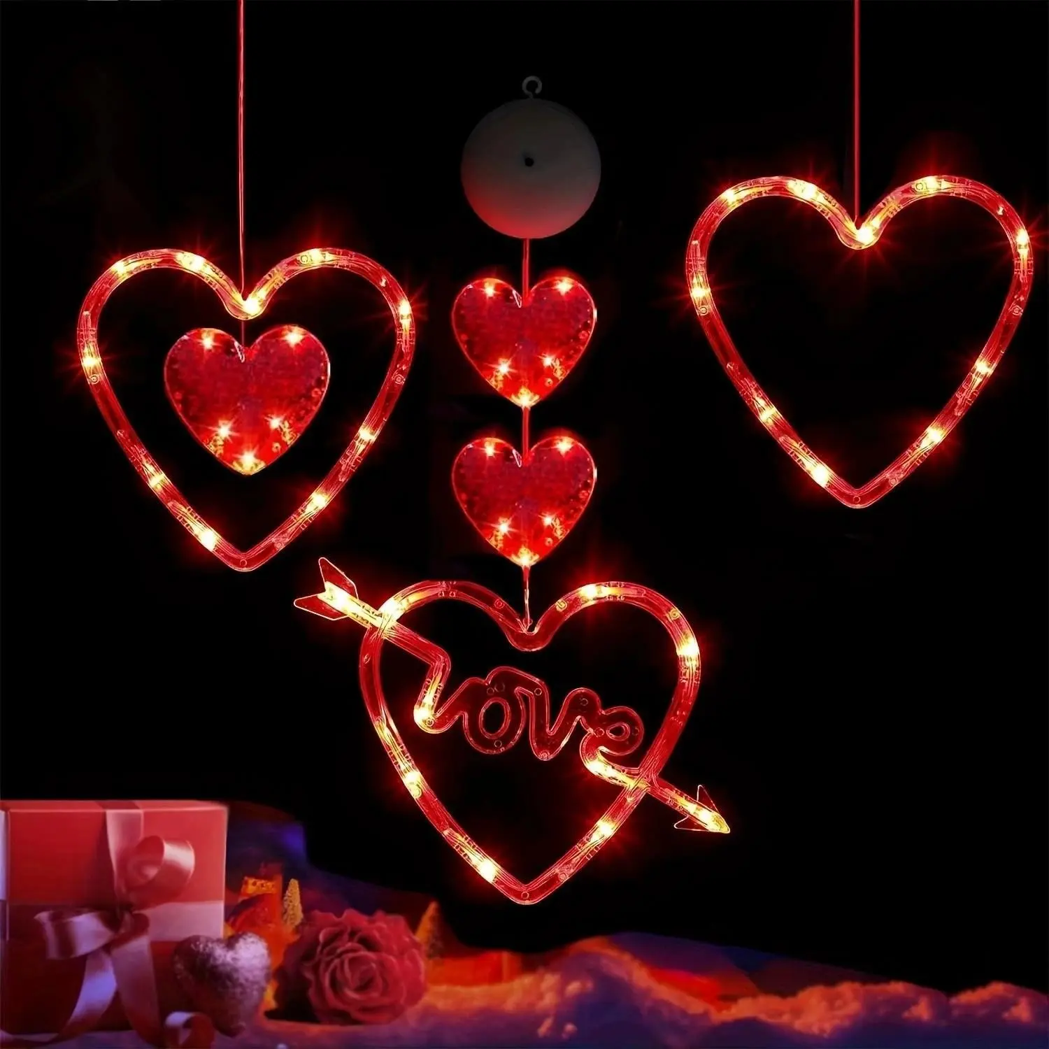 3 Piece Valentine's Window Light Decor with Timer, Battery Powered Hanging Heart Outline Suction Cup LED Lights for Holiday Fireplace Indoor Home Decoration