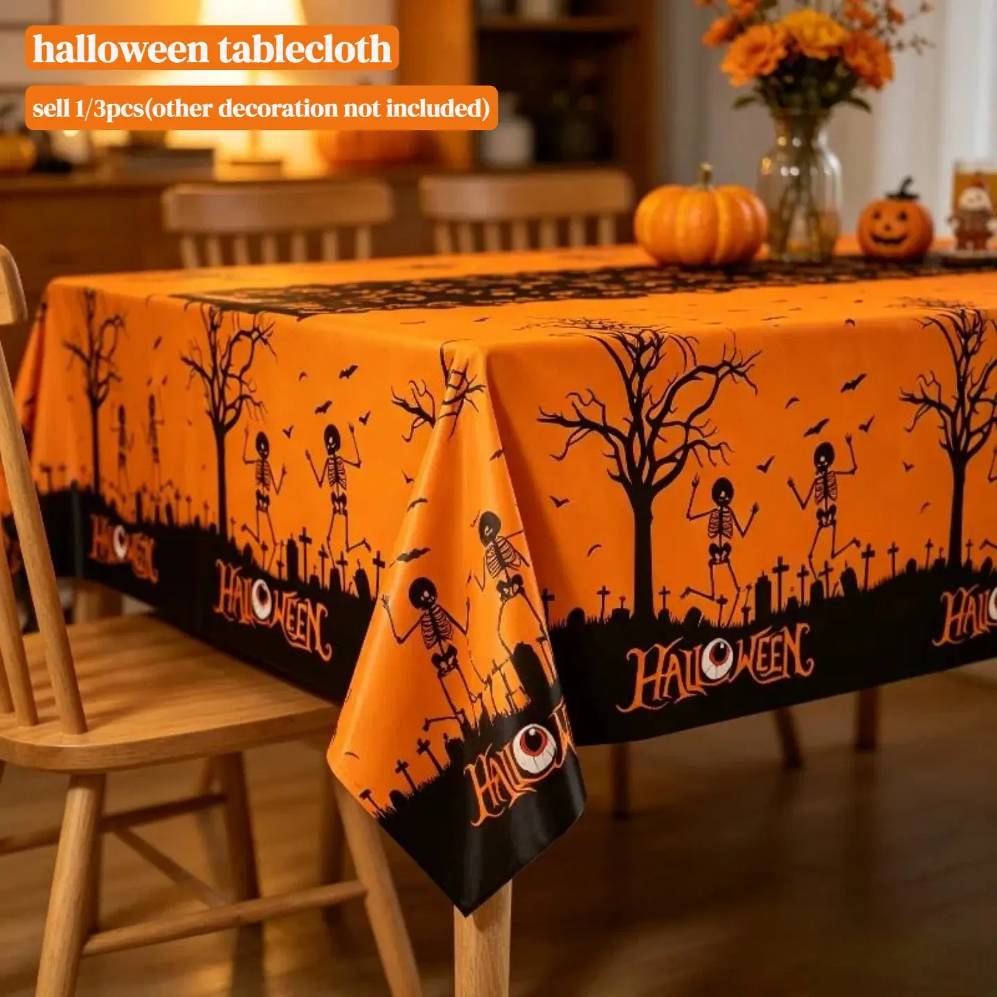 1/3pcs Disposable halloween Tablecloth, Orange Black Graveyard Skeleton Dead Tree Bat Pumpkin Print Table Cover, Table Cloth for Halloween Party, Dining And Dessert Table Decorations, halloween decoration