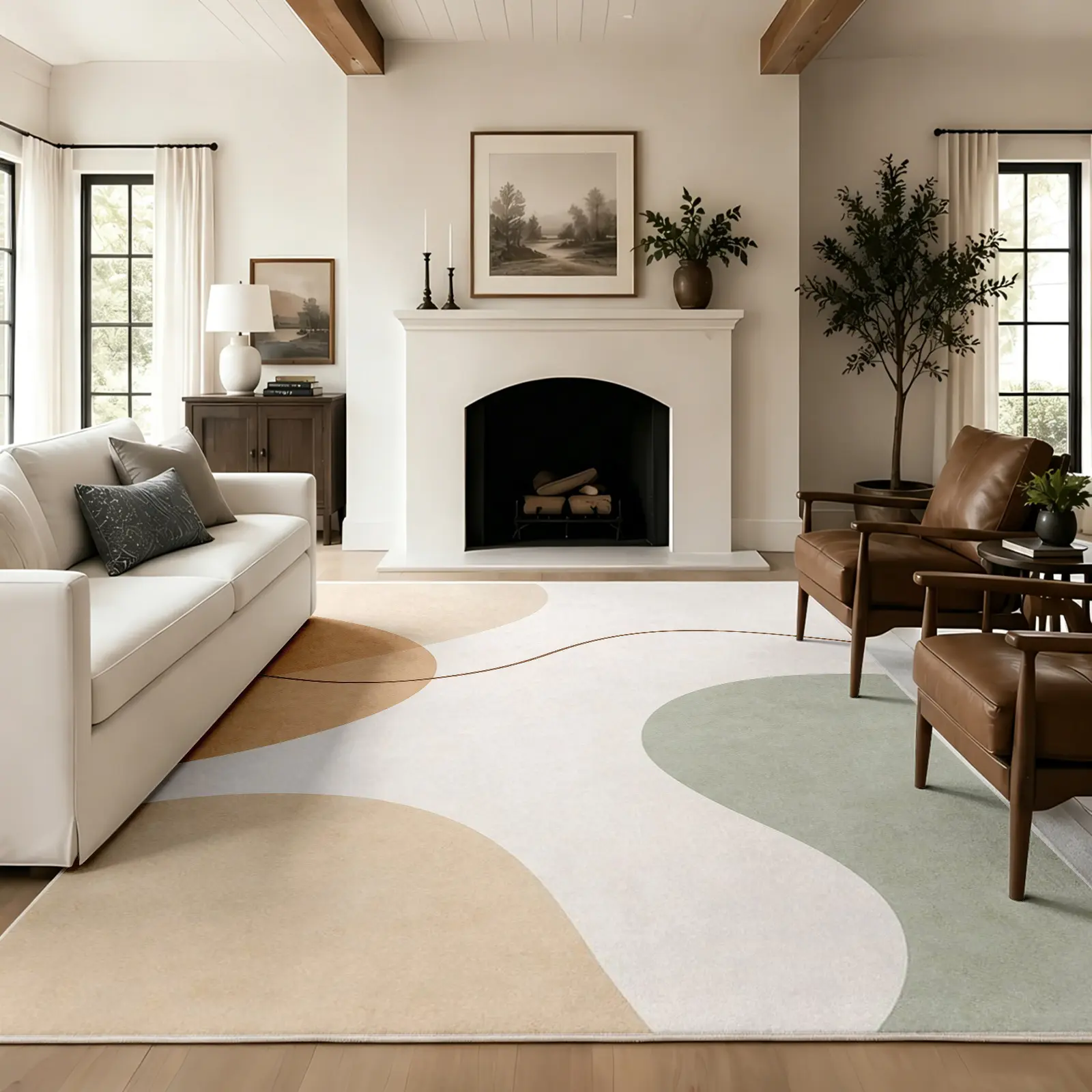 Abstract Organic Area Rug, Cream Base with Flowing Pebble Shapes in Oat & Sage, Accented by a Wavy Brown Line, Non-Slip Washable Carpet, Soft Durable Floor Mat, Aesthetic Rugs for Living Room Bedroom Home Decor, 8 x 10 ft Area Rugs