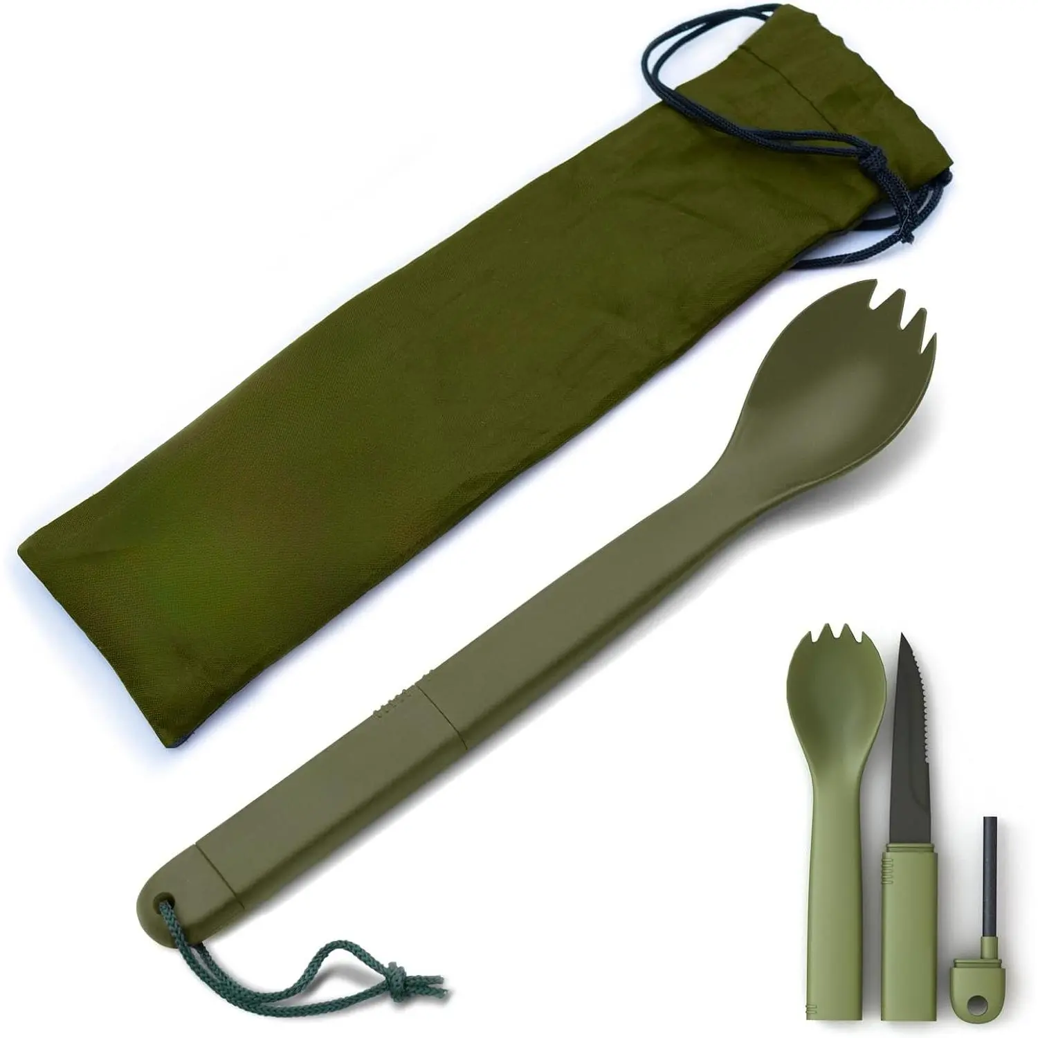 Spork Tactical Green |   BPA Free Spoon Fork, Stainless Steel Knife and Fire Starter |   3 in 1 multipurpose utensil |   Outdoor hiking, camping & backpacking gear |     MRE New model