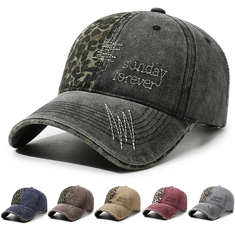 Vintage Washed Denim Baseball Cap for Women Men, Leopard Patchwork Distressed Dad Hat, Sunday Forever Embroidery Casual Trucker Hat, Adjustable Curved Brim Sun Hat, Outdoor Streetwear Accessory