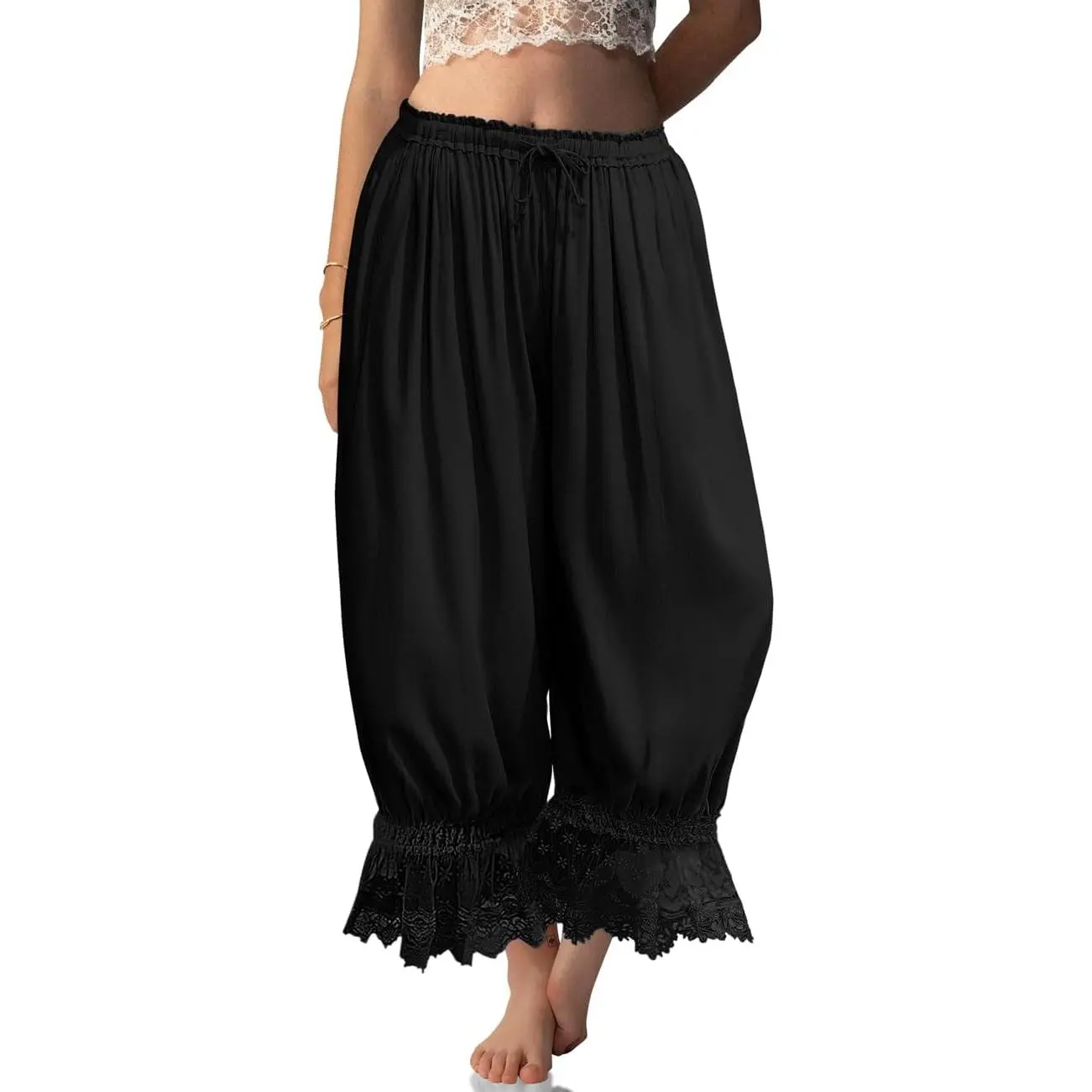 Women's Bohemian Style Linen Pantaloons, Casual Comfy Vintage Trousers with a Lacy Ruffle Hem for Summer Beach Vacation, Bohemian Style Pants, Casual Comfy Trousers, Ruffle Flow, Bottoms, Victorian Look
