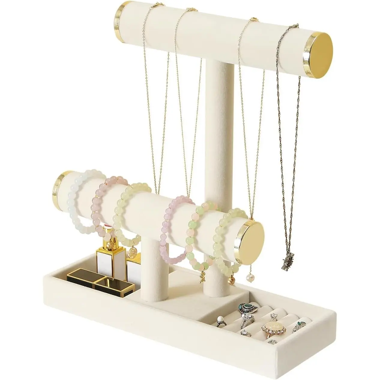 Beige Modern Compact Synthetic 2-Tier Jewelry Storage Holder Stand with Tray - Gift-Ready Organizer for Necklaces, Bracelets, Bangles, Scrunchies, Hair Ties, Watches, Chains, Organizer Stand, Two-Tiered