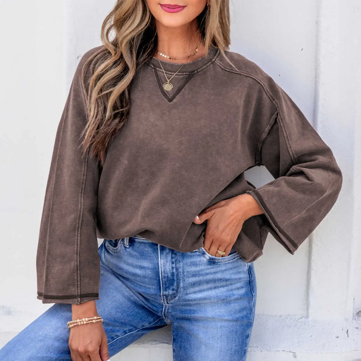 Phefee Women's Casual Mineral Wash 3/4 Sleeve Cotton Top, Vintage Dark Brown Loose Fit Crewneck Sweatshirt, Comfortable Vintage Pullover Shirt for Daily Wear Fabric Womenswear Ribbed Soft Style Basic Minimalist