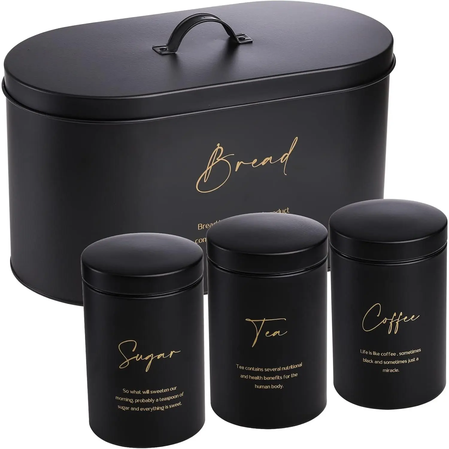 Set of 4 Bread Box and Canister Set for Kitchen Countertop, Metal Bread Bin Sugar  Coffee Storage Canister with Lid, Biscuit Tin Set for Loaf, Pastry, Dry , Black