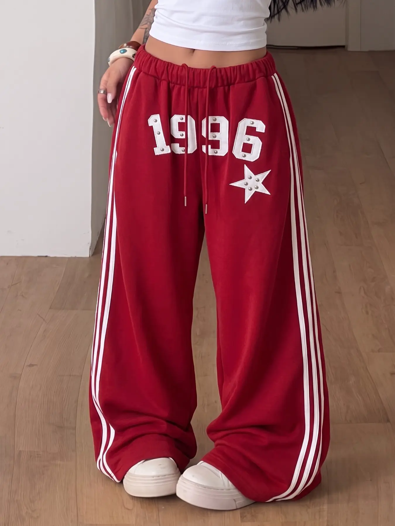 Women's Side Stripe Wide Leg Sweatpants, Drawstring Waist, Star Print, Casual Streetwear, Winter Fitted Long Pants
