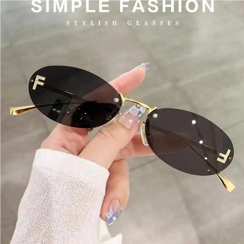 2026 Diamond Letter "F" Rimless Sunglasses Women Luxury Brand Metal Frame Black Small Oval Sun Glasses Unsiex Elegant Shades