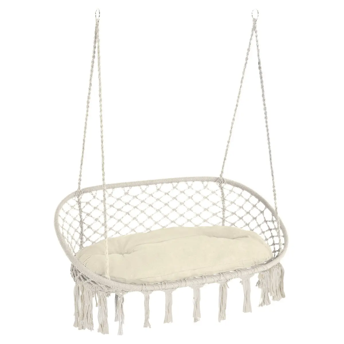 [Fahuac] 2-Person Macrame Hanging Chair with Cushion| Boho Style Hammock Swing for Patio & Garden| Cotton Rope Swing Seat with Metal Frame 704 lbs Capacity| Indoor Outdoor Porch Decor| Outsunny White Boho Swing Chair.
