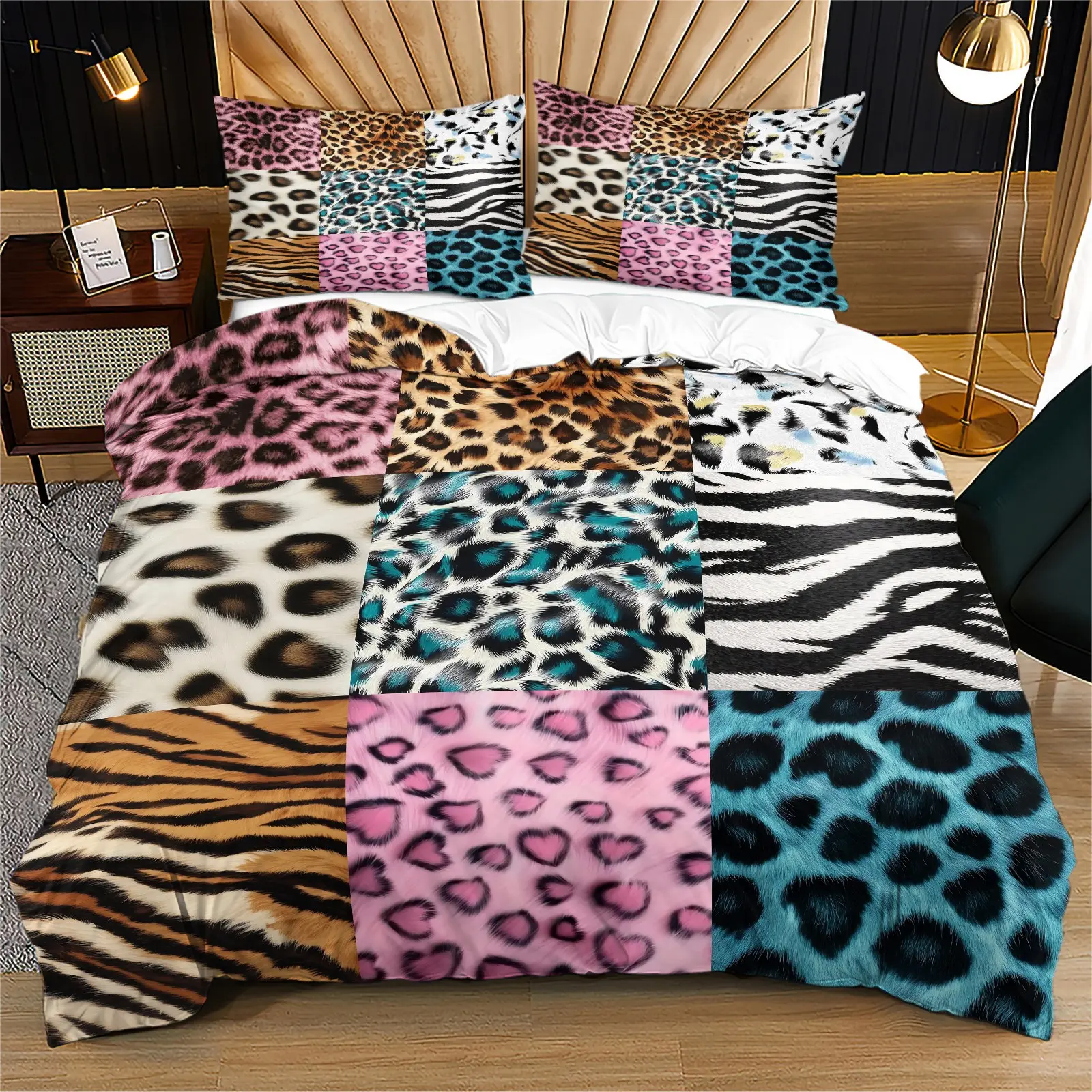 Patchwork Animal Print Duvet Cover Set, Colorful Leopard Zebra Tiger Bedding, Multicolor Fur Texture, Fashion Bohemian Bedroom Decor, Patterned Bedding Set