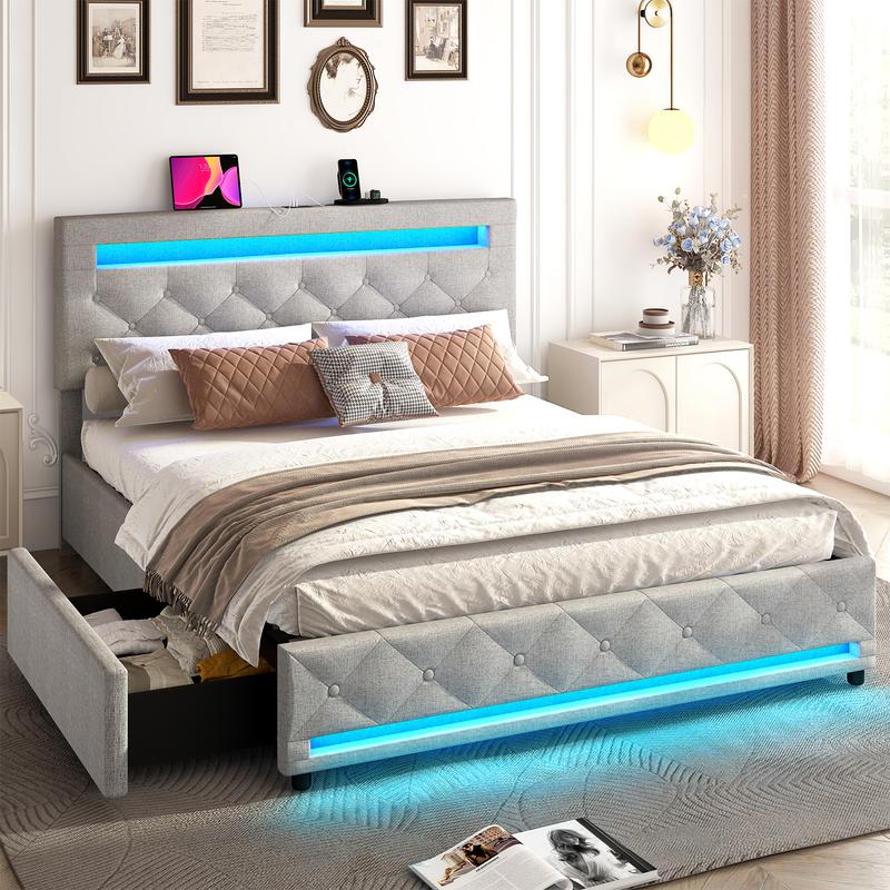 King/Queen LED Bed Frame with 4 Storage Drawers and 2 USB Ports, Modern Upholstered Button Tufted Headboard Bed Frame, Solid Wooden Slat Support, No Box Spring Needed, Dark Grey/Light Grey