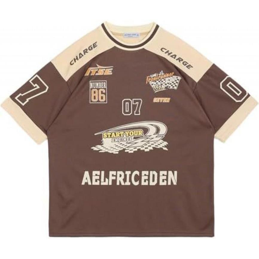 Aelfric Eden Contrast Color Racing Tee Knitted Fabric Streetwear For Men Y2k Vintage Motorsport Jersey Oversized Casual Top For Daily Wear Party Street Skateboarding Hip Hop For Young Adults Teens Street Style Lovers