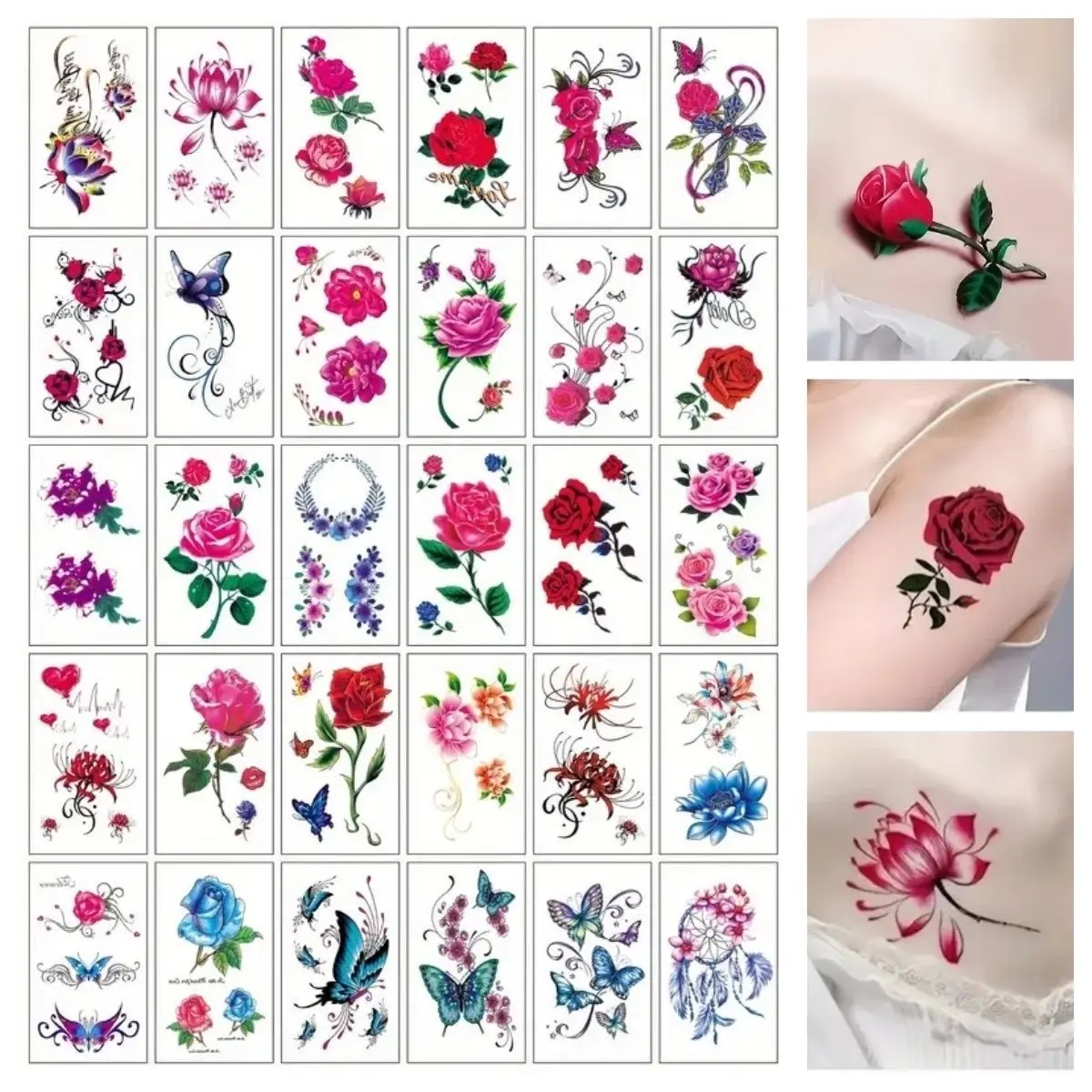 30Pcs Realistic Semi-Permanent Fake Tattoos for Women, Waterproof Long Lasting Colorful Butterfly Flower Disposable Stickers for Arm Collarbone Chest