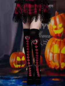 Sexy Dark Style Lip Print Over-The-Knee Socks, Plaid Punk Design, High Elasticity, Halloween Women's Stockings, 1 Piece
