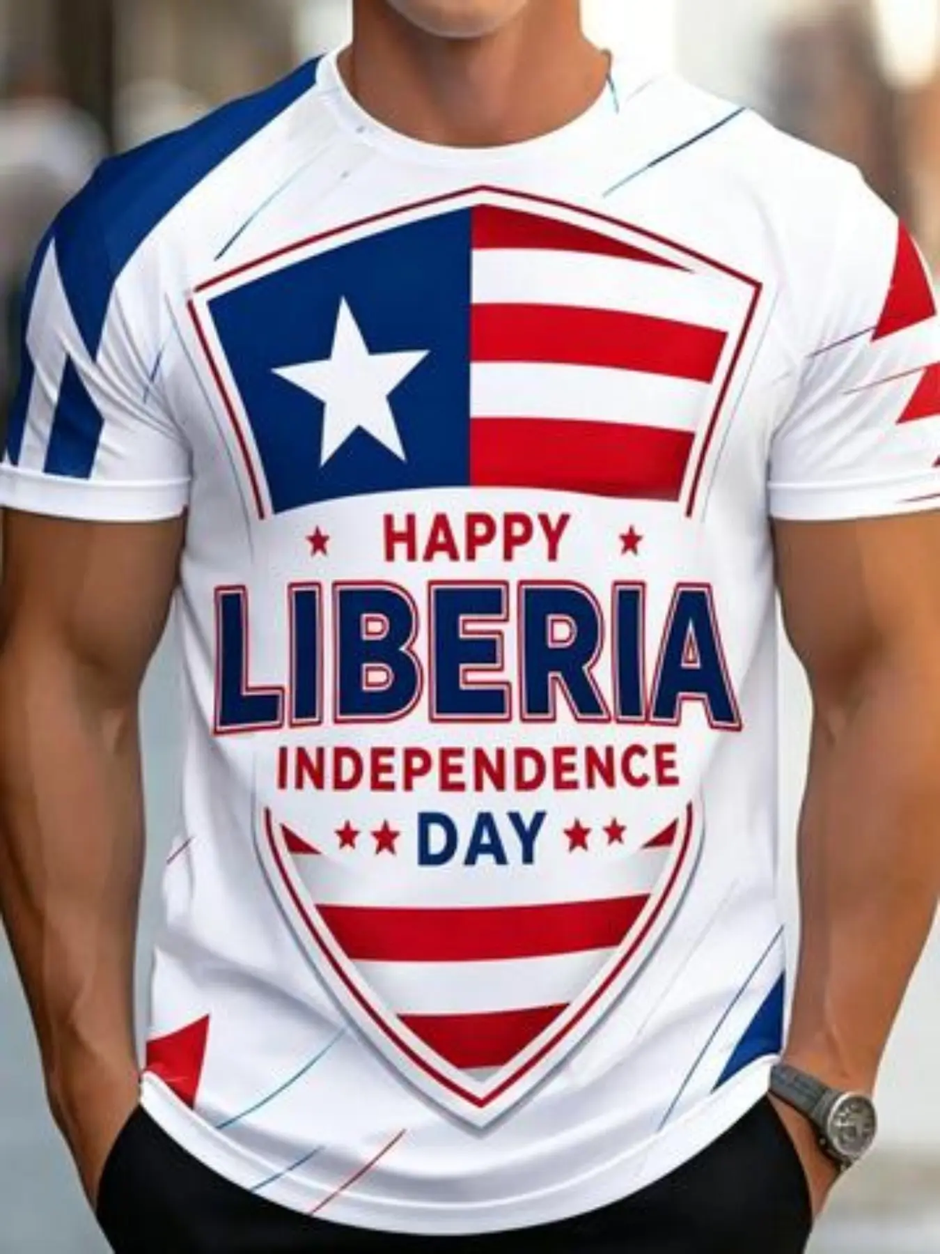 Liberia Independence Day Stars Men's Casual Print Short Sleeve Sports T-Shirt, Round Neck, Breathable, Summer Beach, Vacation, Daily Wear, Athletic Tee