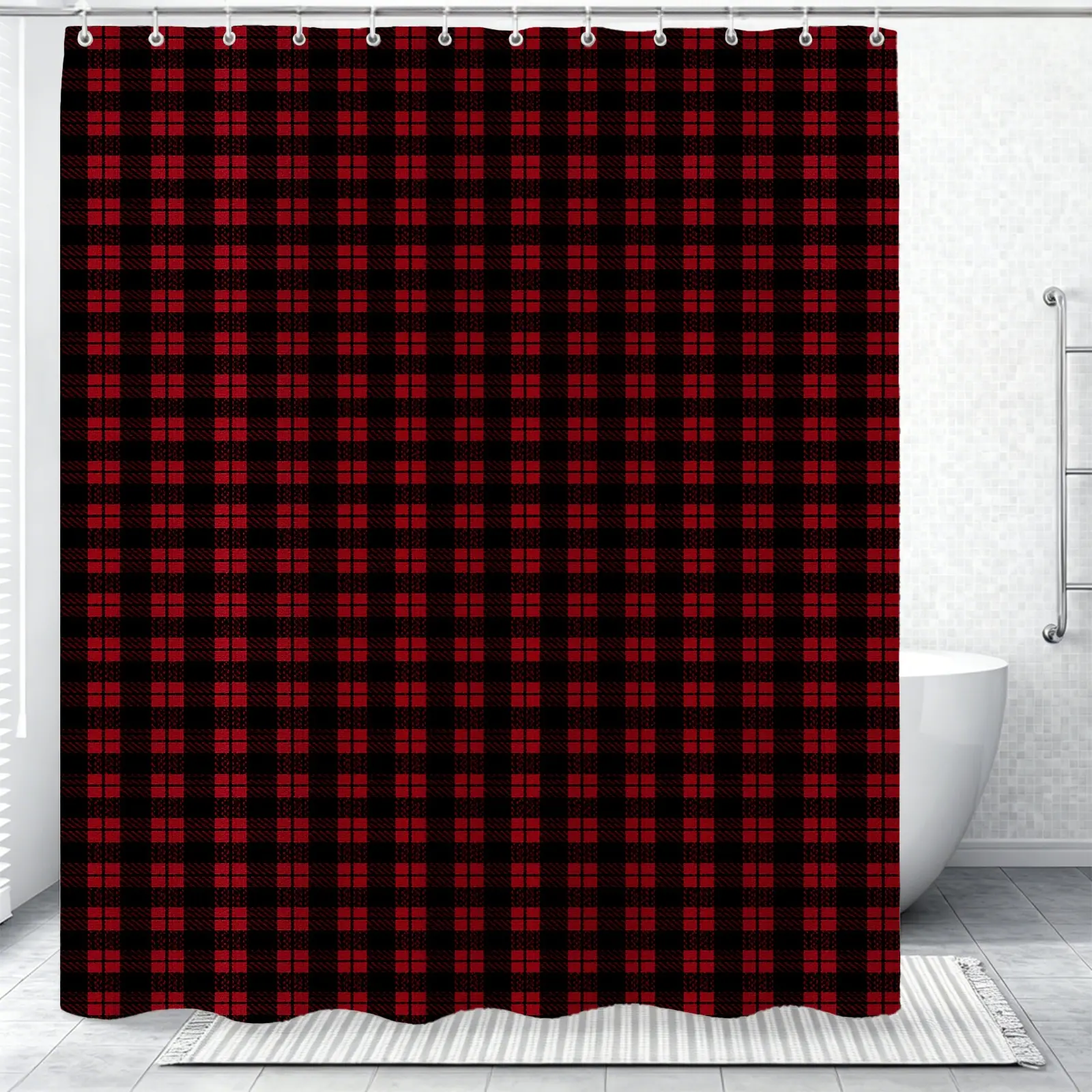 Buffalo Plaid Shower Curtain, Waterproof Fabric Shower Curtains, Easy to Install, Retro Farmhouse Decor Style, Perfect for Home, Hotel, Dorm Bathroom Decoration