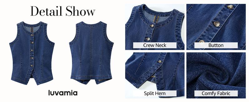 Luvamia Women's Sleeveless Denim Vest Medium Blue Fitted Crewneck Button Down Casual Summer Western Waistcoat for Everyday Style Womenswear Luvamia Women's Sleeveless Denim Vest Medium Blue Fitted Crewneck Button Down Casual Summer Western Waistcoat for Everyday Style Womenswear