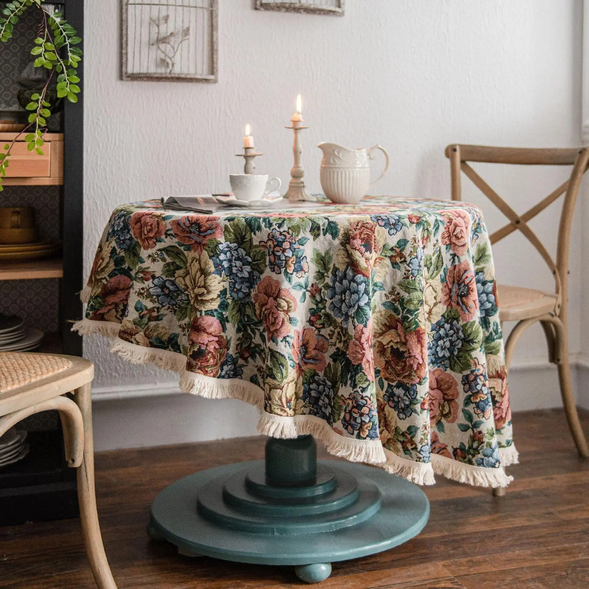 Boho Tassel Round Tablecloth Cotton Linen Round Table Cloth for Kitchen Dining Farmhouse Party Tabletop Christmas Decoration