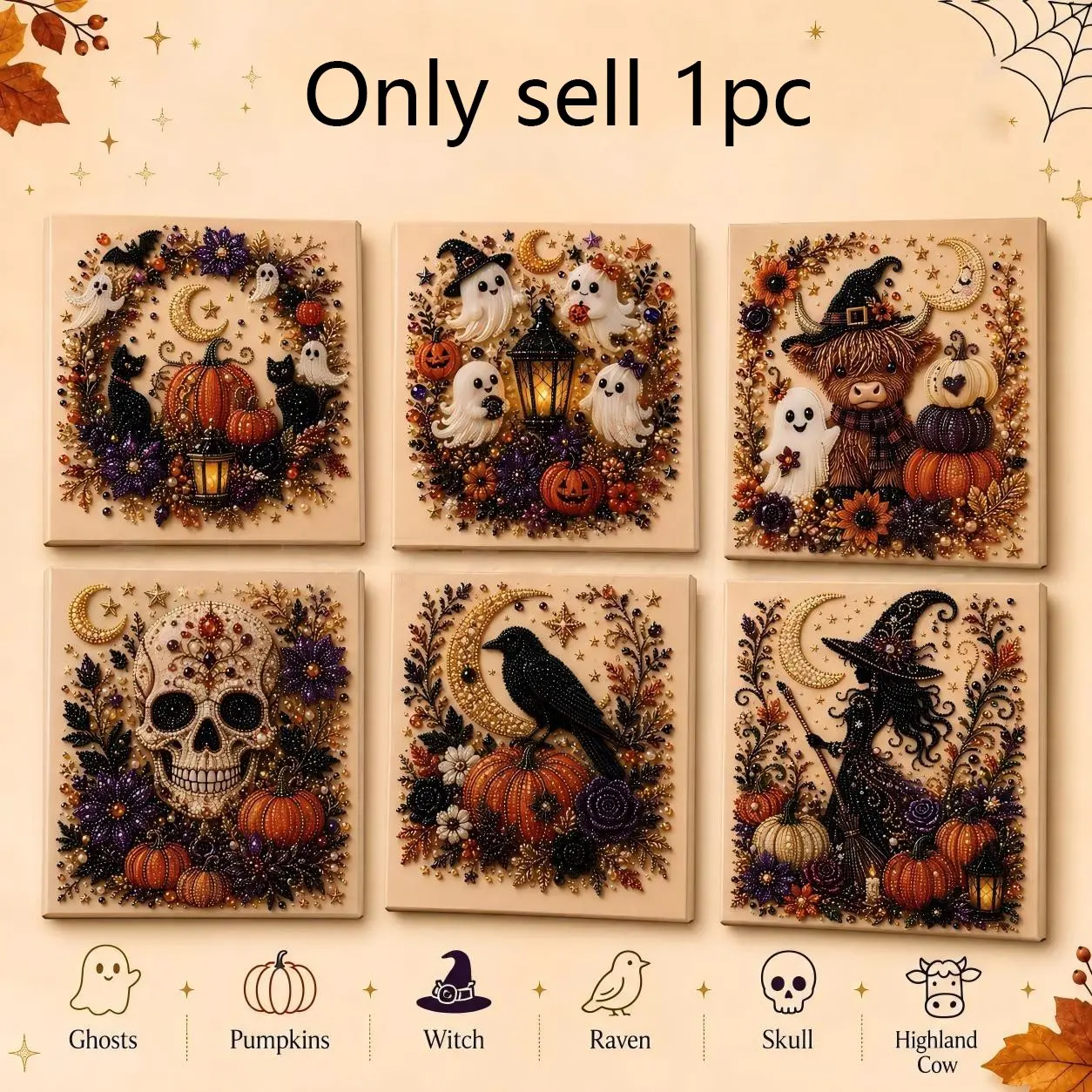 1st Halloween Gift for Friends - Creative DIY Handicraft Pearl Painting Material Pack Set, Pumpkin/Black Cat/Ghost/Witch/Skull/Bat/Highland Bull Pattern Diamond Paintings, Handmade Decorations