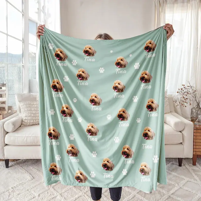 Christmas Gift Dog Photo Blanket, Dog Face Blanket, Personalized Pet Blanket, Dog Photo Blanket, Pet Lover Gift, Cat Photo Blanket With Name