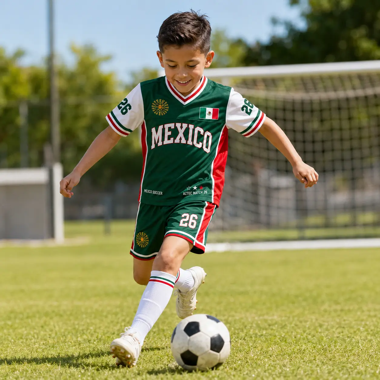 Unisex Retro Color-Block Aztec-Emblem Mexican-Style V-Neck Soccer Fan T-Shirt & Shorts Set — Green, White, and Red Athletic Outfit; Suitable for Boys, Girls, and Teens for Casual Wear or Match Days.