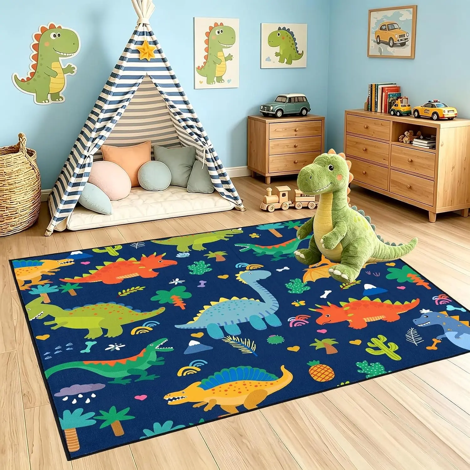 Cartoon Dinosaur Area Rugs Lovely Dinosaur Carpet Rugs for Boys Kids Blue Cute Animal Patterns Dinosaurs Rug for Bedroom Living Dinning Room Kitchen Playing Room, 2'×3'