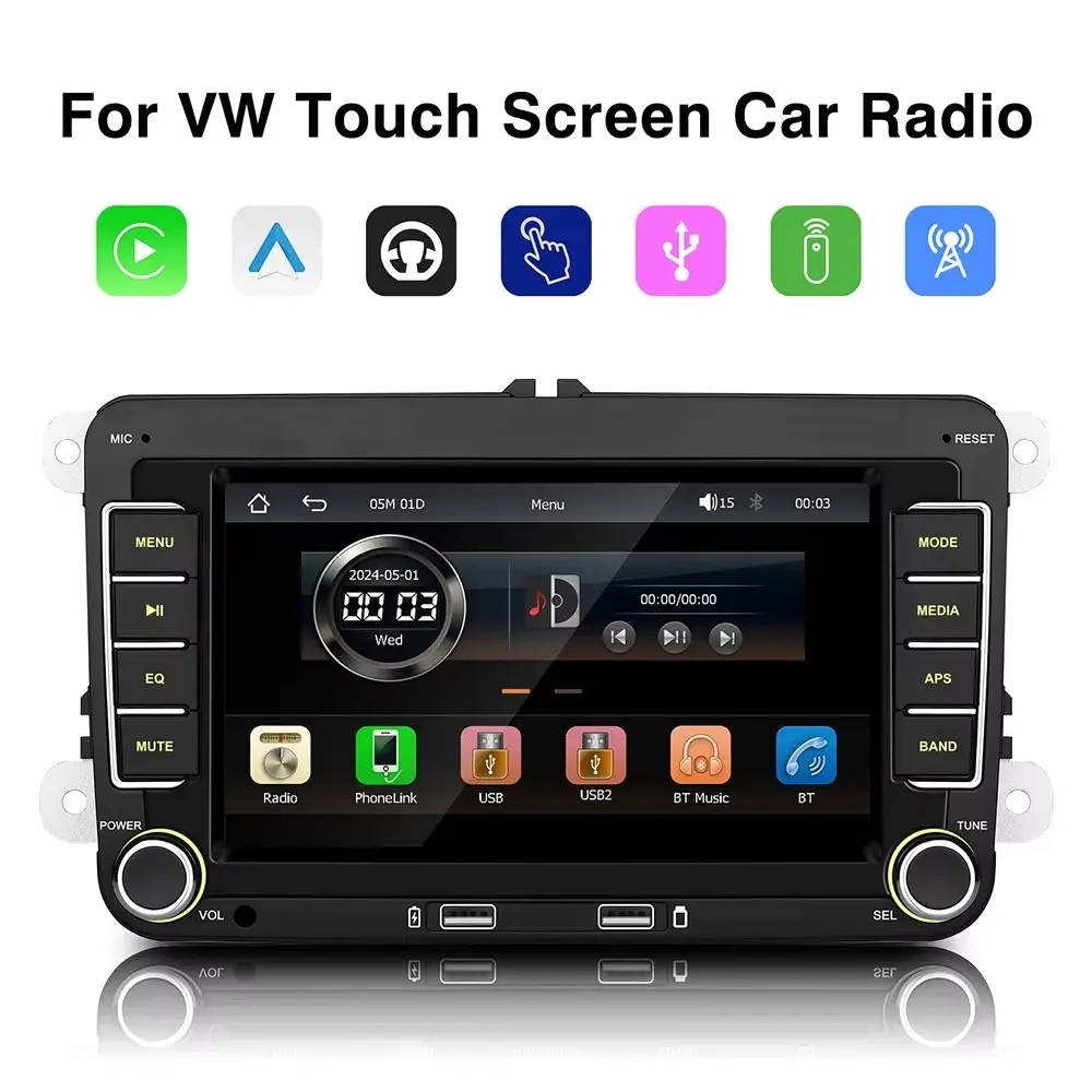 7 Inch Dual Din Car Audio Center, Apple Airplay, Carplay, Android Auto, Fits Vw, Seat, Skoda, Passat, Golf, Polo, Original Installation Slot