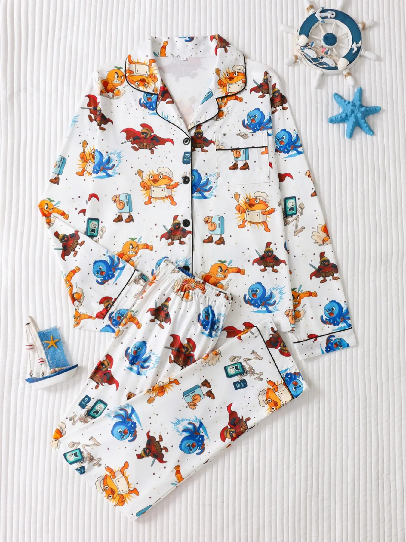 Two-Piece Cartoon Ocean Seafood Pajama Set, Soft Smooth Fabric, Loose Lightweight Button Front, Long Sleeve Top and Pants, All Seasons