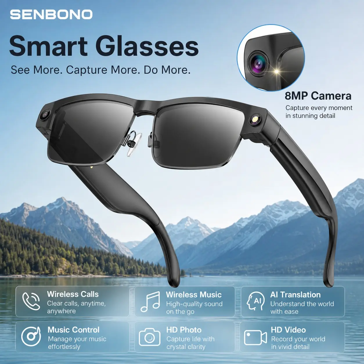 SENBONO Smart Glasses with 8MP Anti-Shake Camera, Video Call Translation Multi-Function Smart Sunglasses with Object Recognition AI, 100+Language Translation, Dual Stereo Speakers, Magnetic Fast Charging— Ideal for Study Abroad & Business Trips