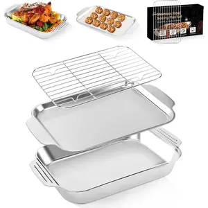 Baking Pans Set with Rack: 3 PCS Stainless Steel Baking Sheets Set, Wide Handle Kitchen Bakeware Baking Pans for Cookie, Cake, 16 x 9.6 Inch Deep Lasagna Pan Roasting Tray, Dishwasher Safe