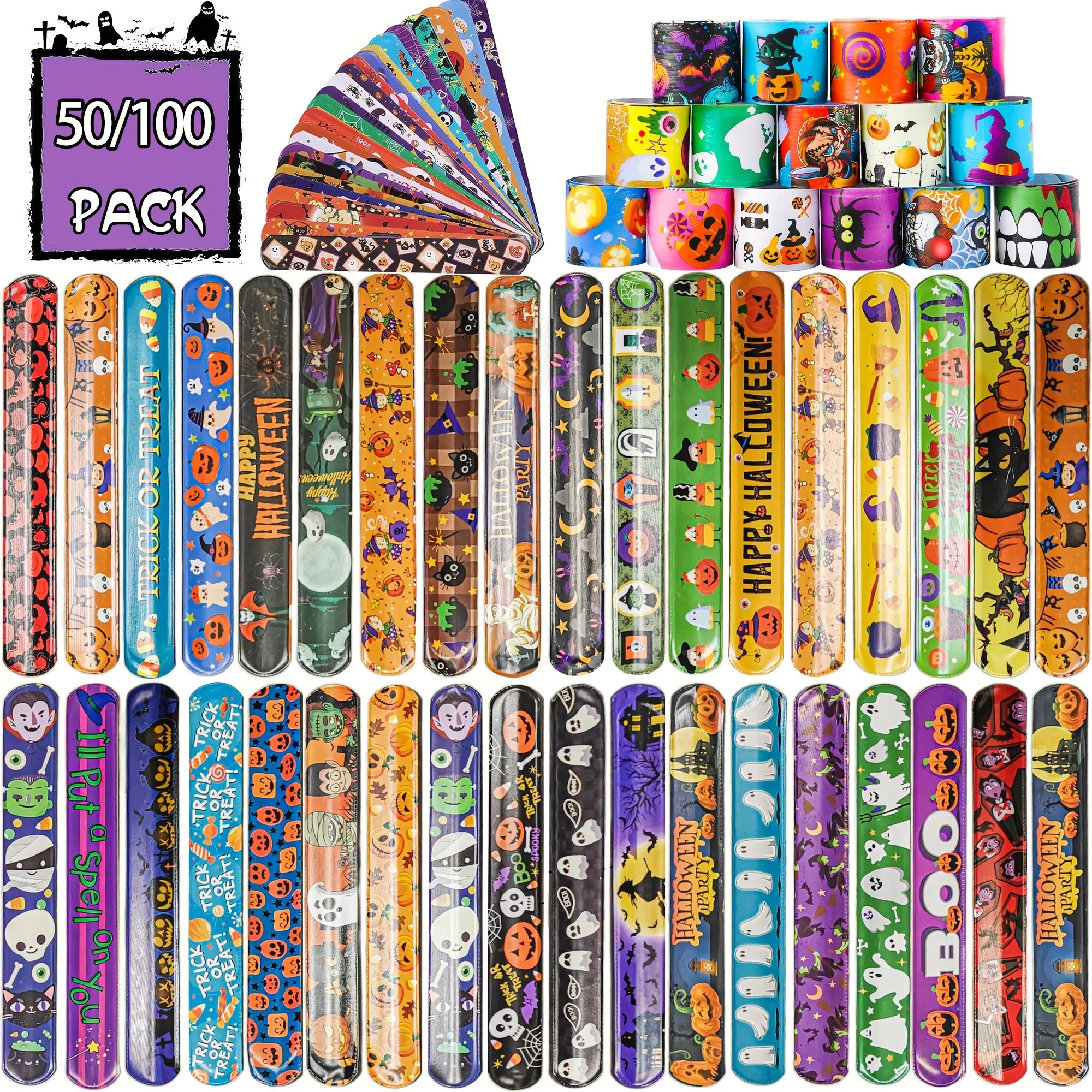 50/100 Pcs Halloween Slap Bracelets, Random Designs, Party Favor Gifts for Girls & Boys, Kids' Toys, Gift Fillers, Bulk Pack
