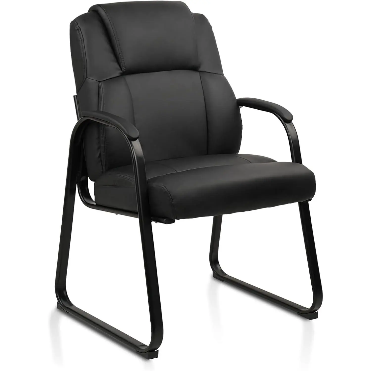 Leather Reception Guest Chair with Sled Base, Office Stationary Armchair with Padded Armrests for Meeting Conference Waiting Room Lobby School, Black, 1 Pack