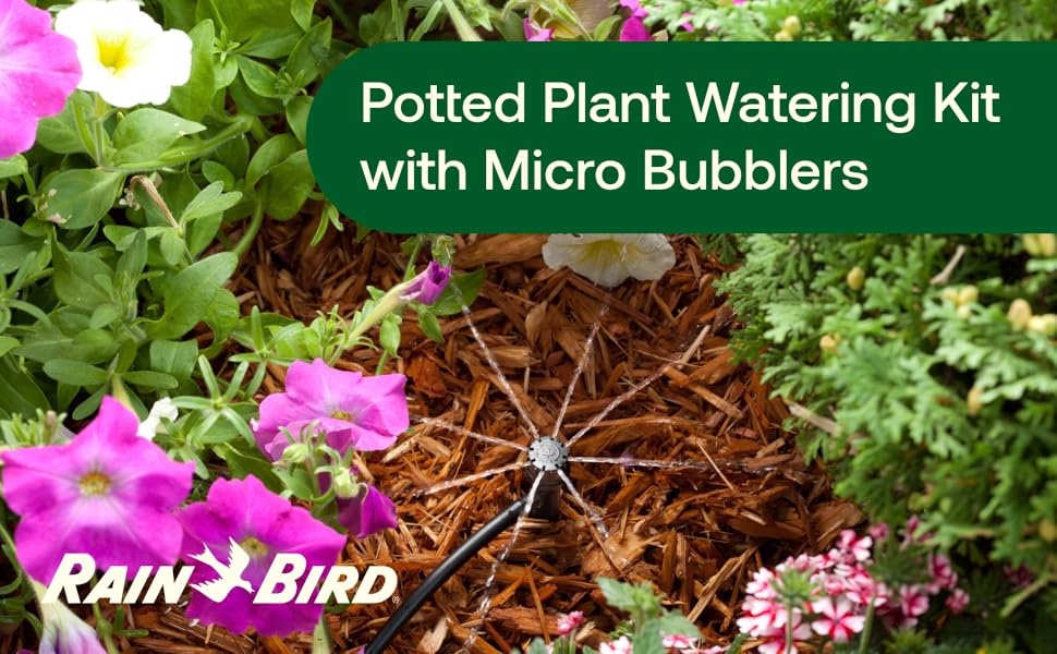 POTTEDKIT Drip Irrigation Container/Potted Plant Kit, Connects to Faucet/, 1/4" Drip Tubing, 360° Bubblers, T-Fittings and Pressure Regulator