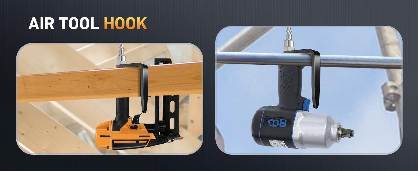 Pneumatic Tool Rafter Hook Hanger with 1/4 Inch & 360° Swivel Air Fitting, Lightweight Aluminum Air Tool Organizer Holder, L Shaped Hook for Air Nailer, Air Hammer, Air Blow Gun