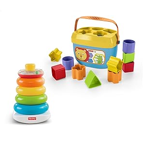 Fisher-Price Baby’s First Blocks & Rock-a-Stack Toy Set, Bucket of 10 Shapes & Ring Stacking Activity for Developmental Play Ages 6+ Months (Exclusive)