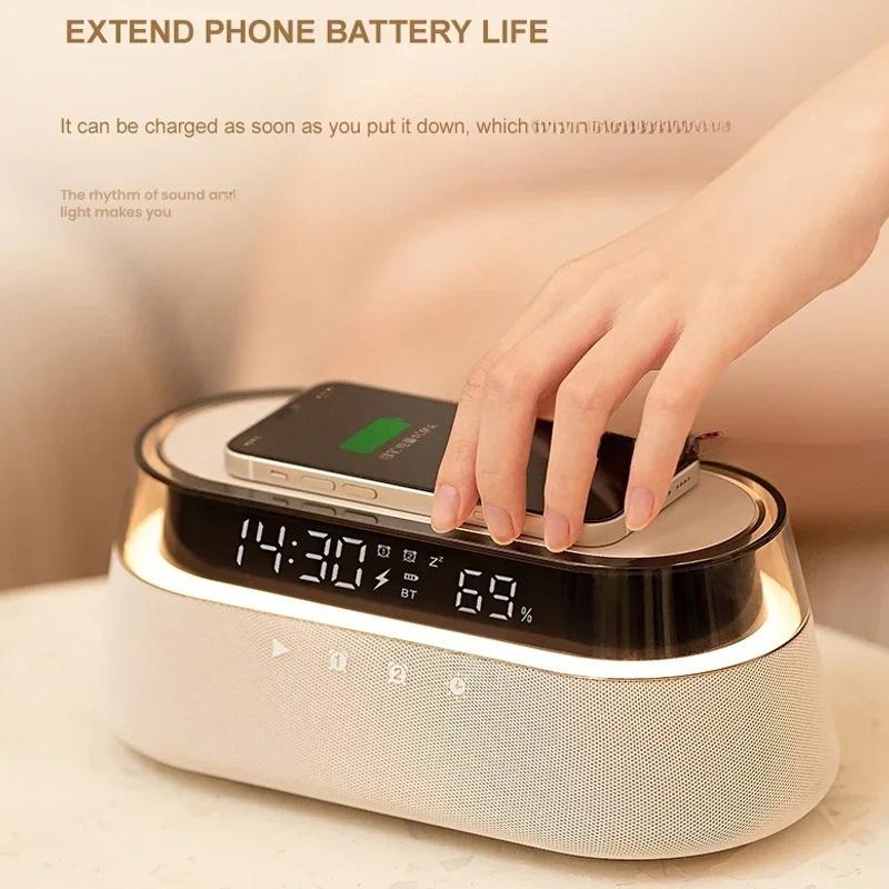 6-in-1 Smart Speaker Alarm Clock 15W Wireless Charger Bluetooth Music Player with Snooze Function