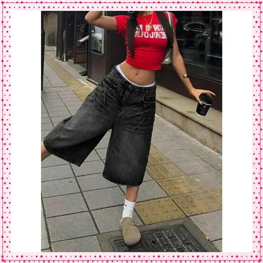 Street Vintage Washed Cat Whiskered Pocket Style Wide Leg Bermuda Jeans Denim Jorts Casual Shorts Cropped Trousers Fabric Fit Pants Streetwear jean Women Womenswear