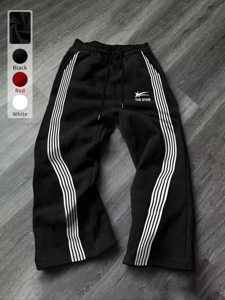 Men's Side-Stripe Drawstring Waist Sweatpants, Casual Regular Fit Pocket Straight-Leg Pants for Fall & Winter, Men's Trousers for Daily Wear