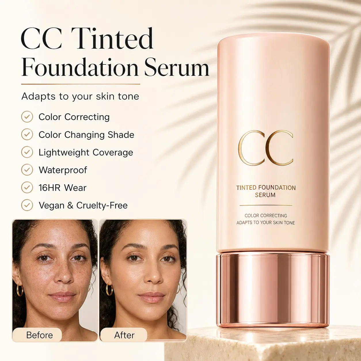 CC tinted foundation serum — Color Correcting Tinted Serum, Color Changing Shade, Lightweight Coverage, Waterproof, 16HR Wear, vegan & cruelty-free