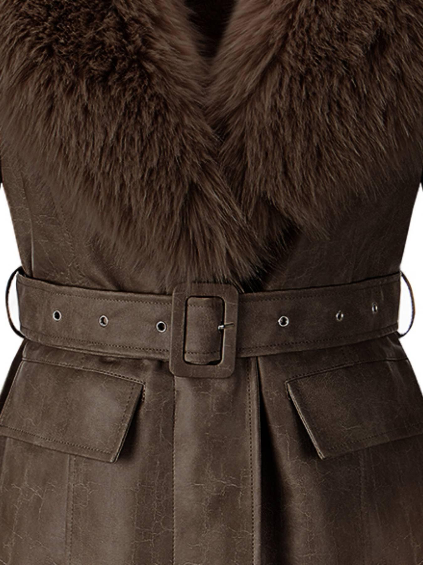 Women's Fall Winter Long Faux Fur Coat, Vintage Style Casual Cotton Woven Jacket with Large Collar and Belt, Elegant Plain Design