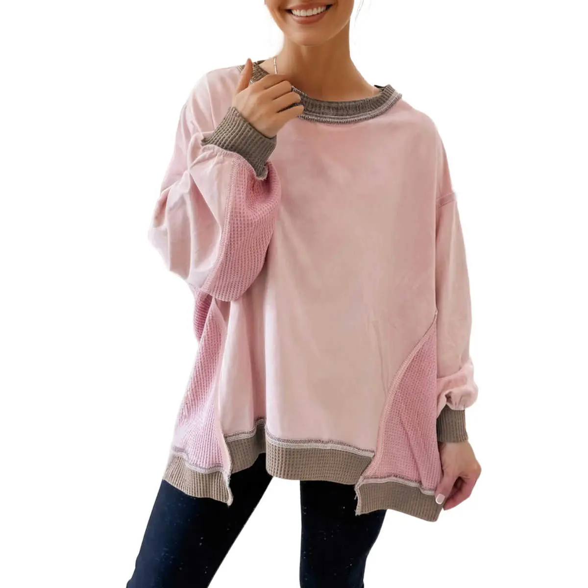 Light Pink Color Block Mix Texture Waffle Patchwork Oversize Sweatshirt