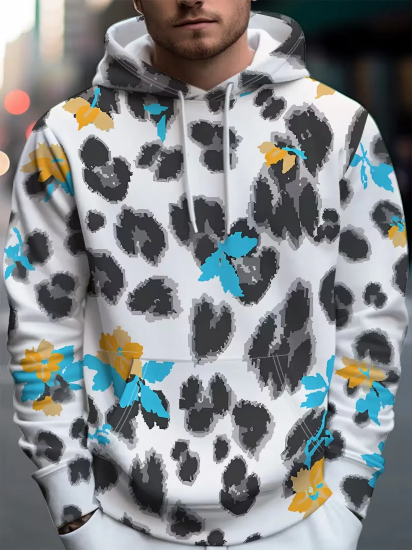 Men's Large Size Street Style Hooded Sweatshirt, Leopard Print with Blue Flowers, Casual Long Sleeve Pullover, Fitted H-Type