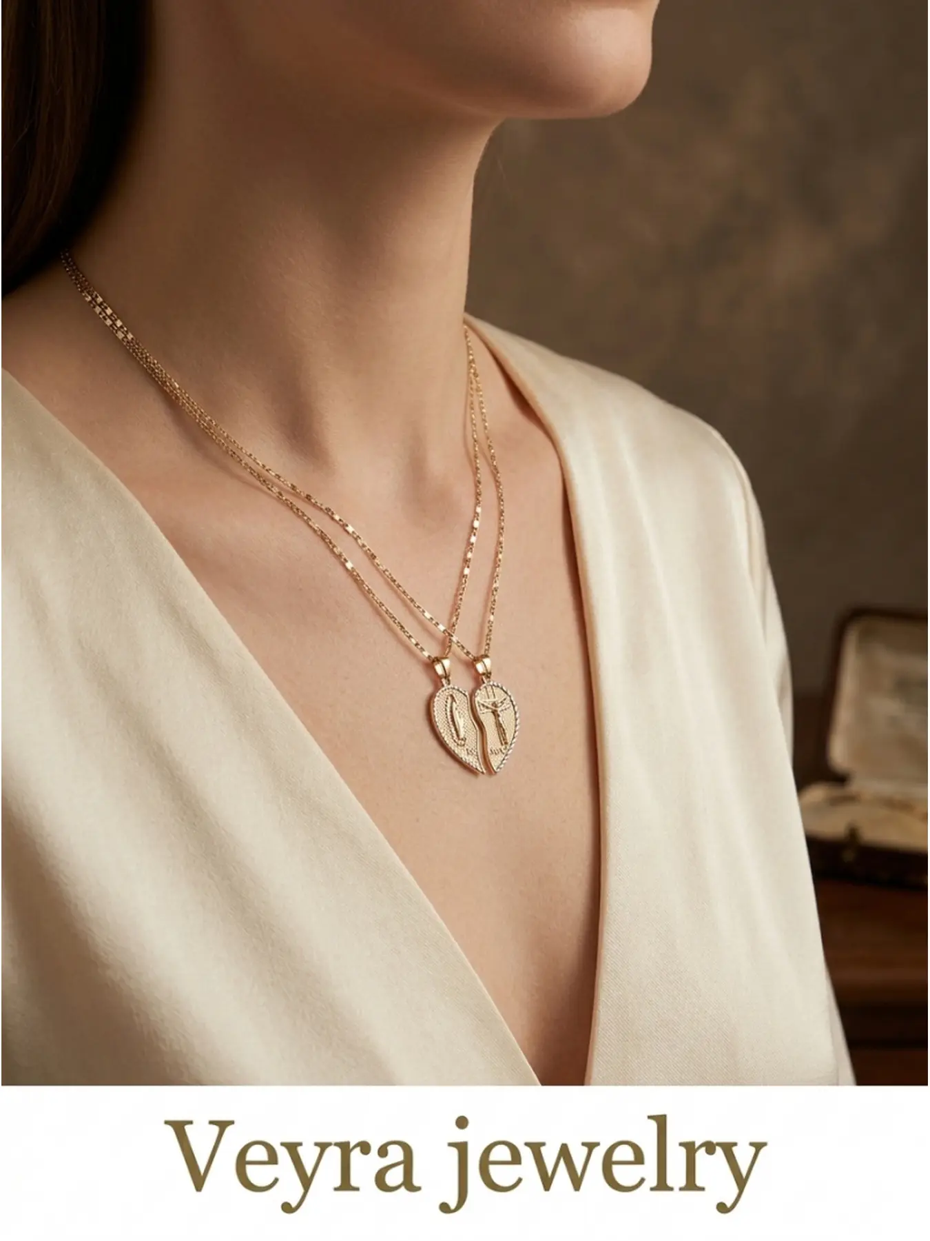 2pcs Heart pendant necklace set, vintage patchwork half-heart layered necklace, unisex fashion everyday accessory gift