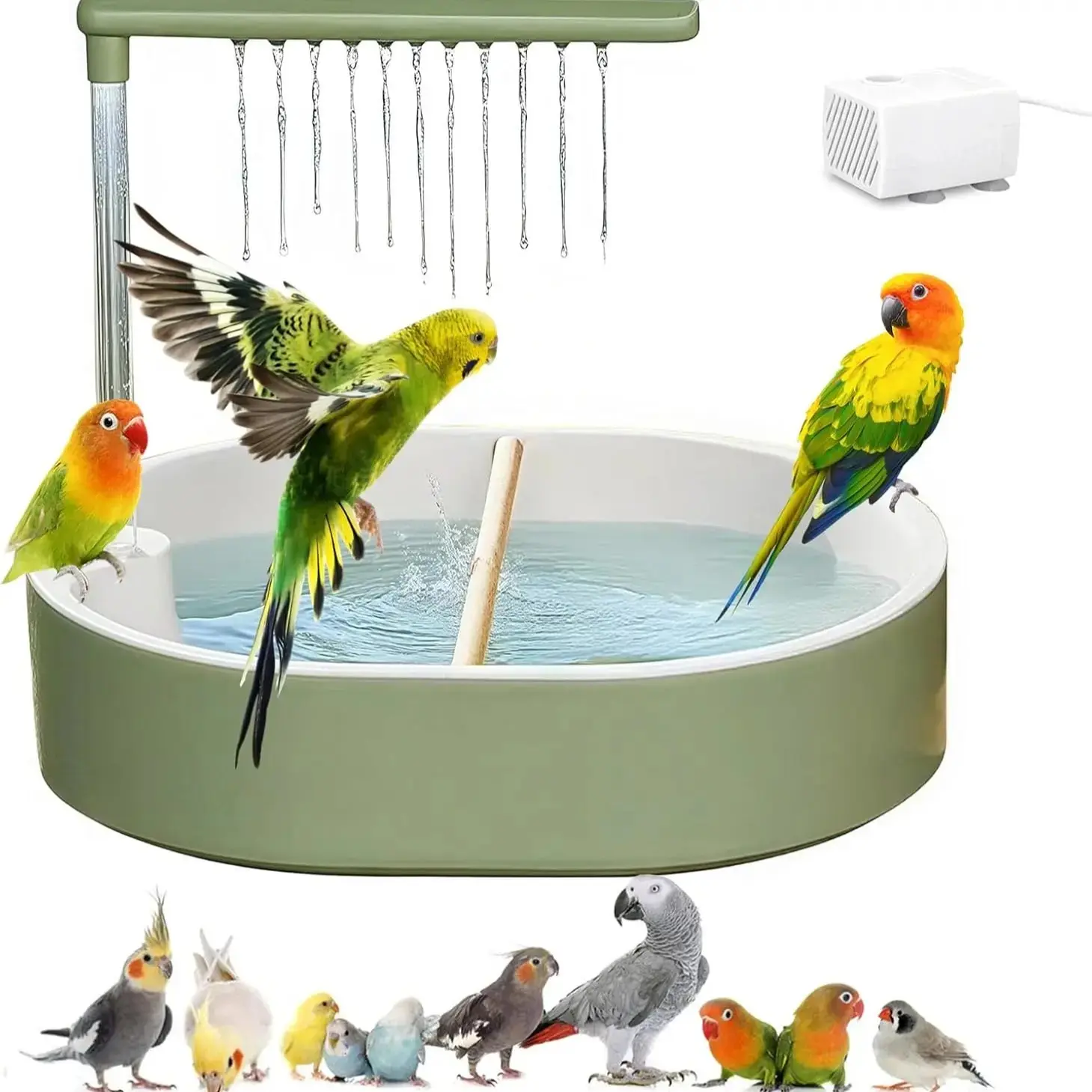 USB automatic circulating rain shower Parakeet bird bath, adjustable water flow, large capacity with stand handle, splash-proof design, included waterproof pad, for daily grooming of pet birds and cleaning of indoor birds, integrated bird grooming set