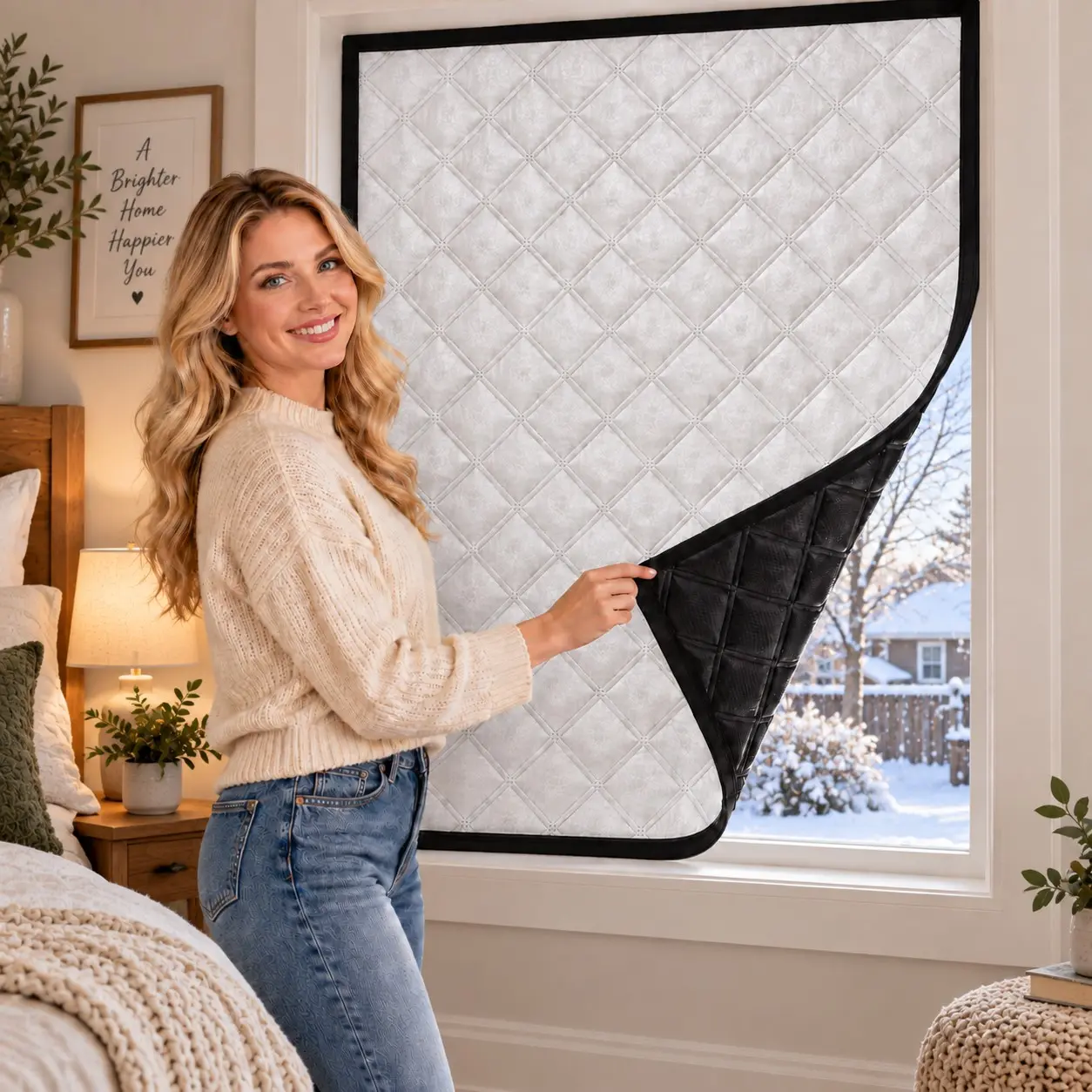 Thermal Insulated Window Curtain, Winter Windproof Blackout Window Cover, No Drill Self-Adhesive Installation, Removable Foldable Cold Draft Blocker for Bedroom and Living Room