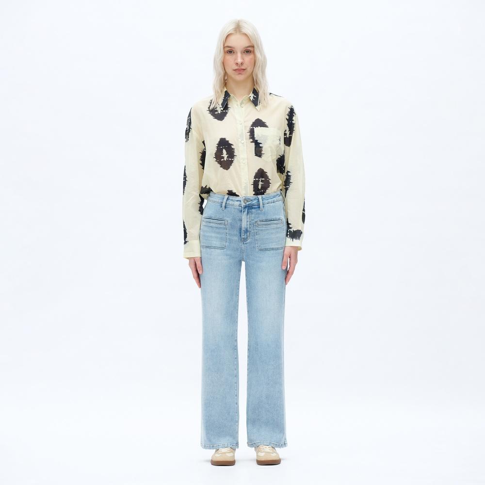 Women’s Retro Medium Wash High-Waisted Wide-Leg Jeans, Straight Fit Denim Trousers with Patch Pockets, Casual All-Season Streetwear m&m