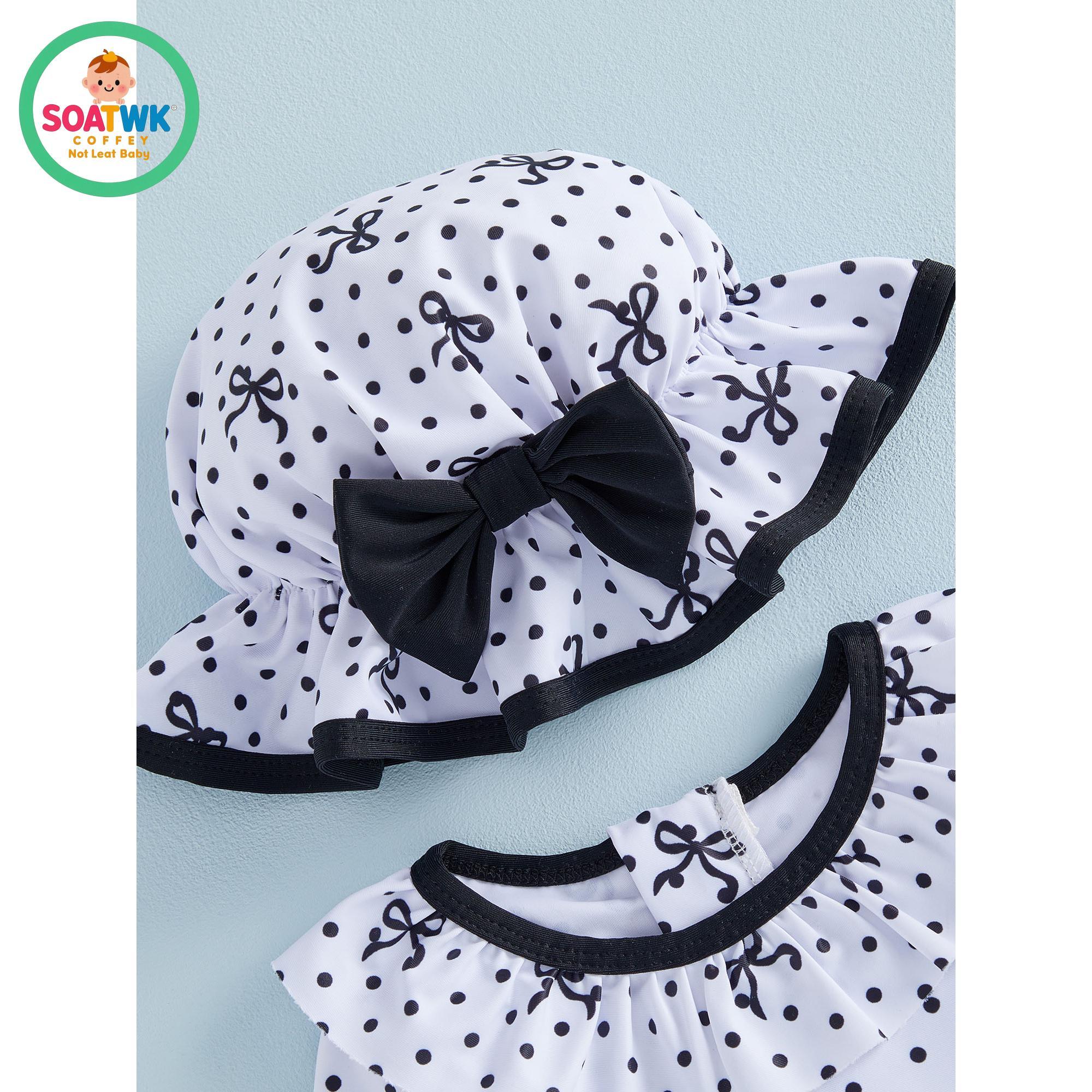 Toddler Girls Swimsuit, Bow Dots Print Long Sleeve Bikini with Hat Swimwear for Summer Bathing